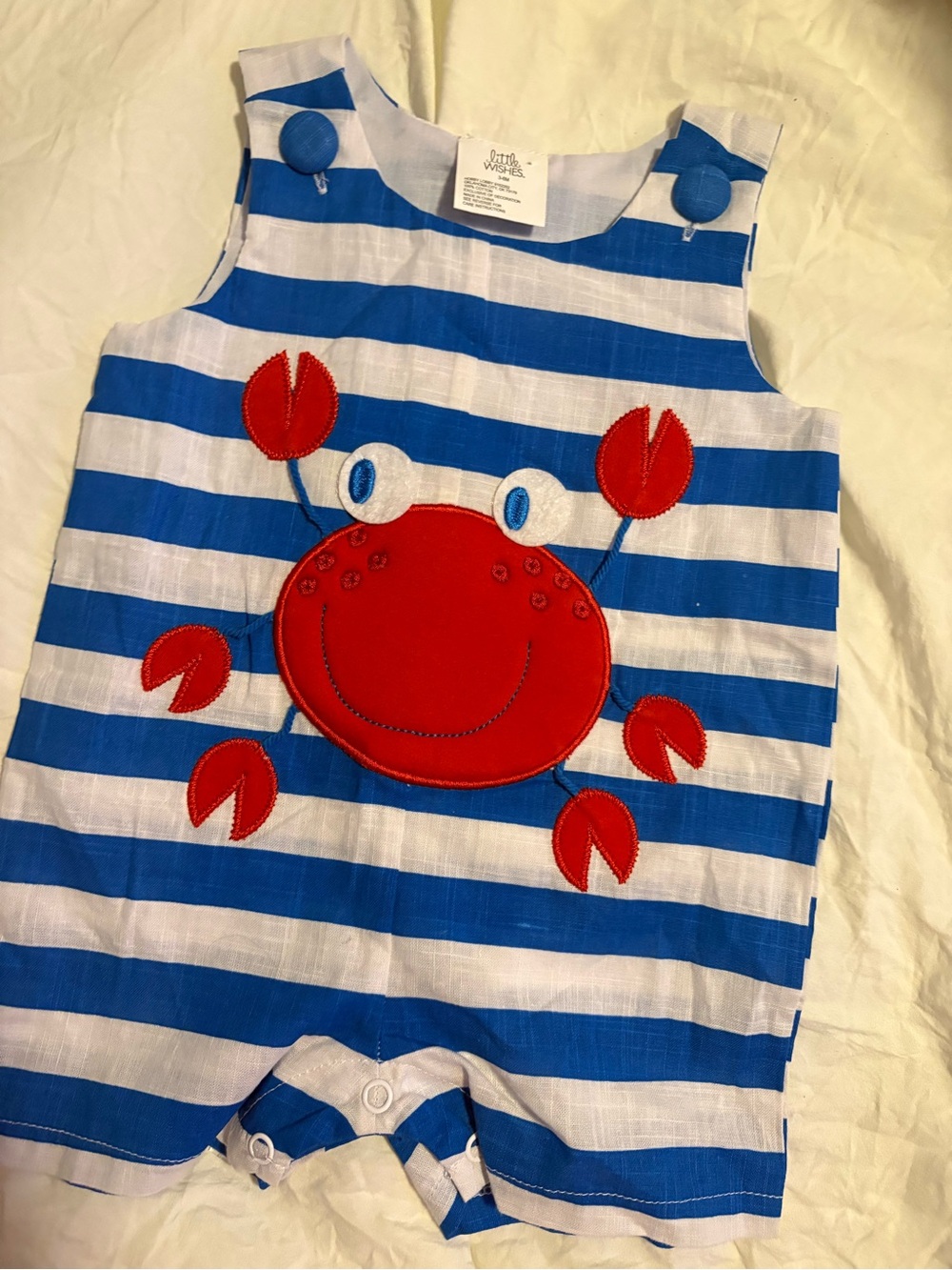 Blue & White Striped Baby Romper with Red Crab Applique